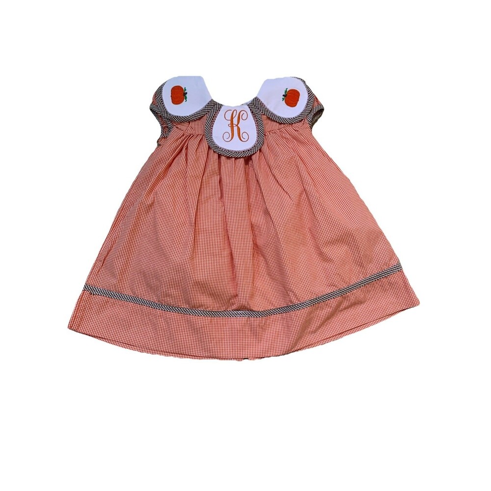 The Bella Bean Girls Gingham Smocked Dress Embroidered Pumpkins K Initial 2T